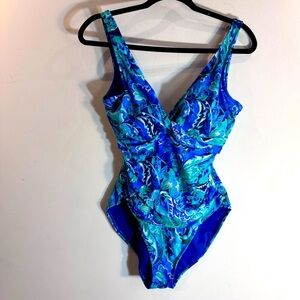 LAURE RALPH LAUREN Sz 10 One Piece Swimsuit Ruched Underwire Inside Mesh